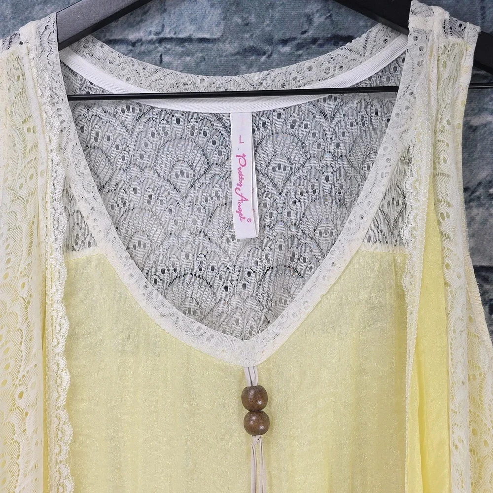 Pretty Angel | Gypsy Boho Cottagecore Yellow And White Silk Blend Tunic Top - Picture 3 of 9